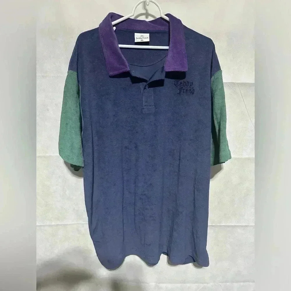 Teddy Fresh Men’s Terry Cloth Polo Shirt 3XL Multicolor Colorblock Retro Beach